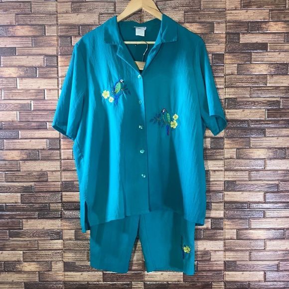 Vintage Womens Large Bon Worth Bermuda Set Green W/Parrots - Picture 1 of 16